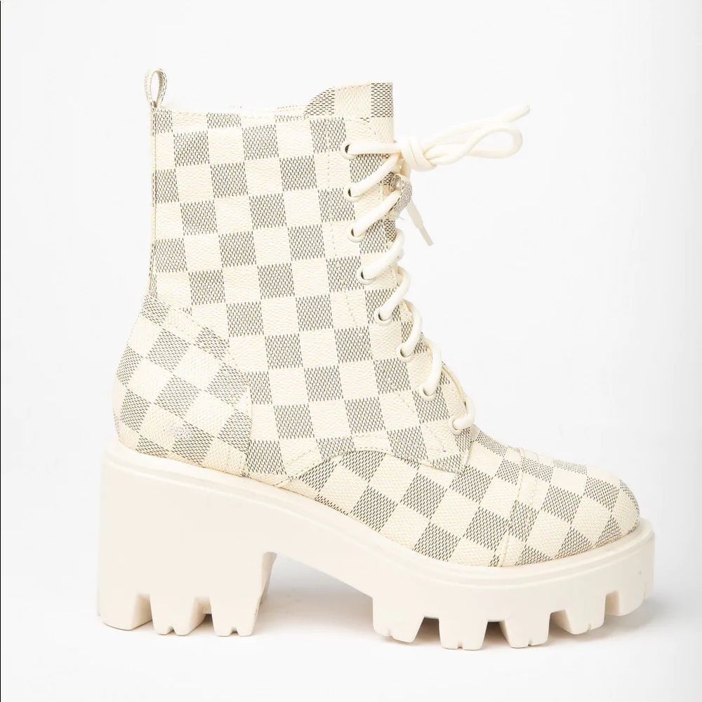 CREAM PLATFORM LACE UP MOTO COMBAT BOOTIE - Picture 4 of 5